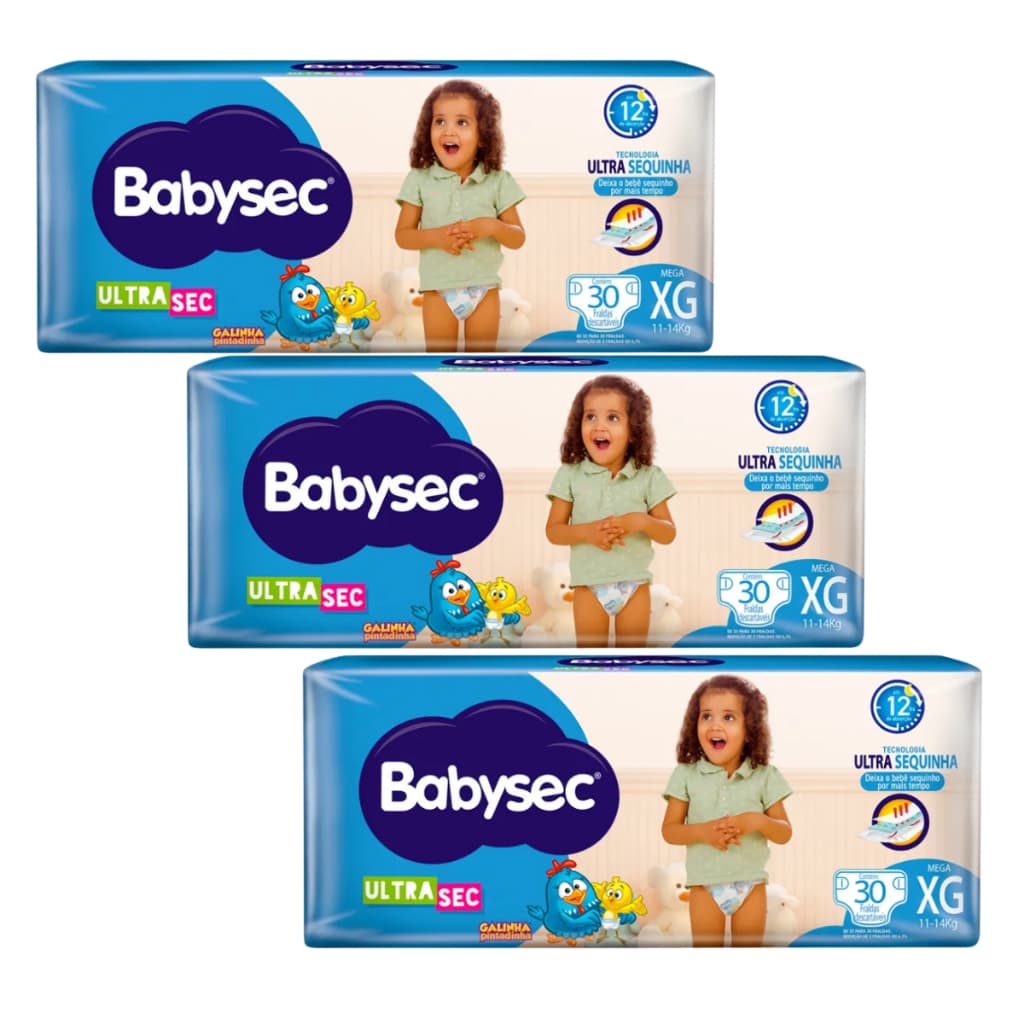 Kit com 3 Fraldas Babysec Galinha Pintadinha Ultrasec XG 30 Unids  Sem Gênero