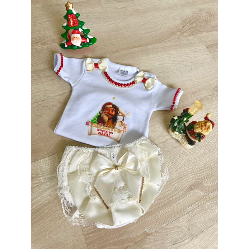 Body bebê Natal menina Papai Noel Jesus Cristo tapa fralda calcinha bunda rica saia tule tutu