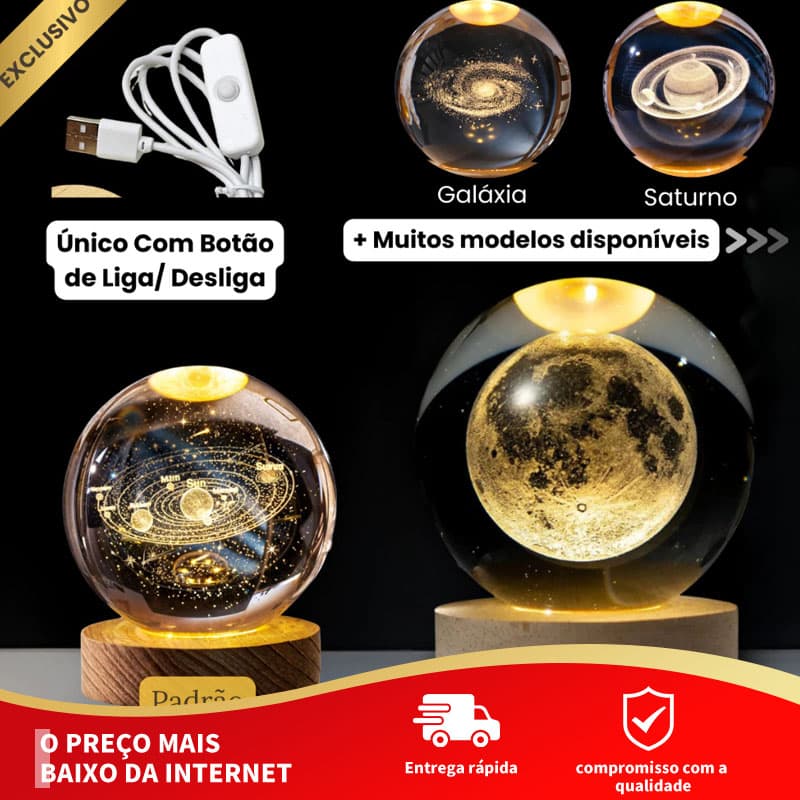 Kit 2 Luminárias de Mesa Bola de Cristal LED 3D com Base de Madeira USB para Quarto e Decoração