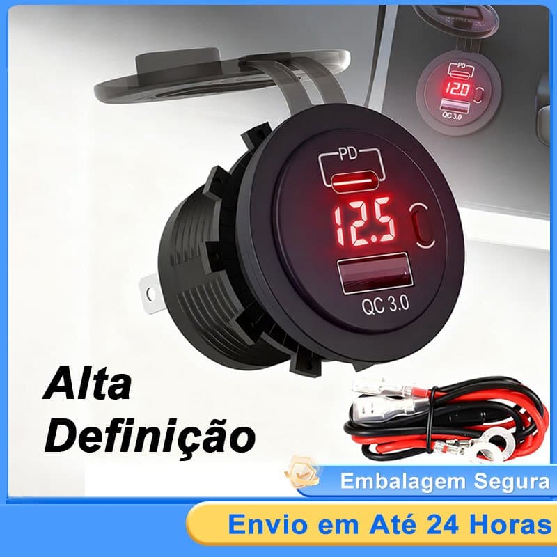 Carregador Veicular Tomada Usb Tipo C Pd3.0 Duplo Carro Voltimetro