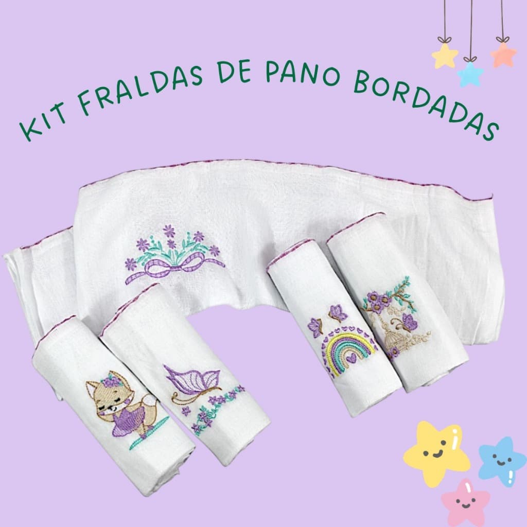 Fralda De Pano Lilás Bordada Para Bebê Menina Recém-nascida Fraldinha de Boca Nenem Criança Nova