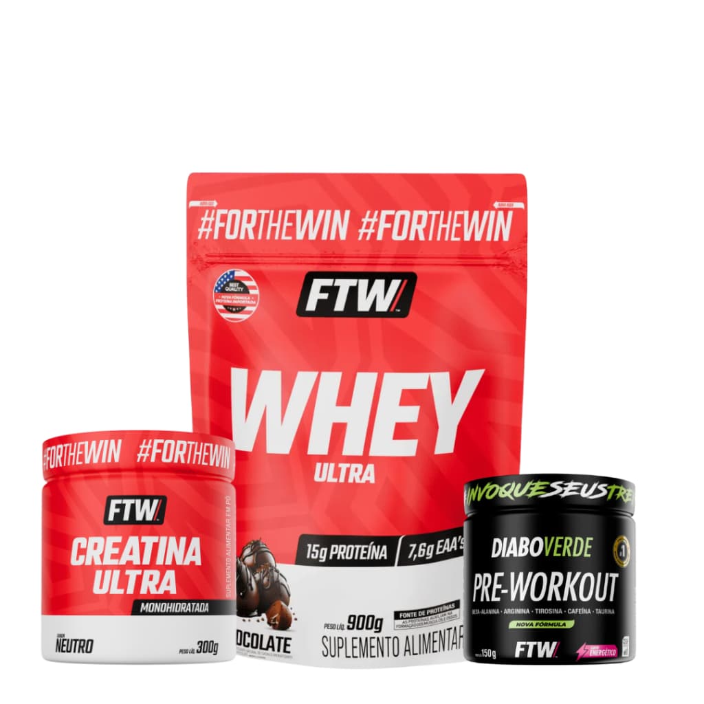 Kit Whey Ultra Chocolate 900g Refil FTW + Creatina Ultra Pote 300g + Pré-treino Diabo Verde 150g