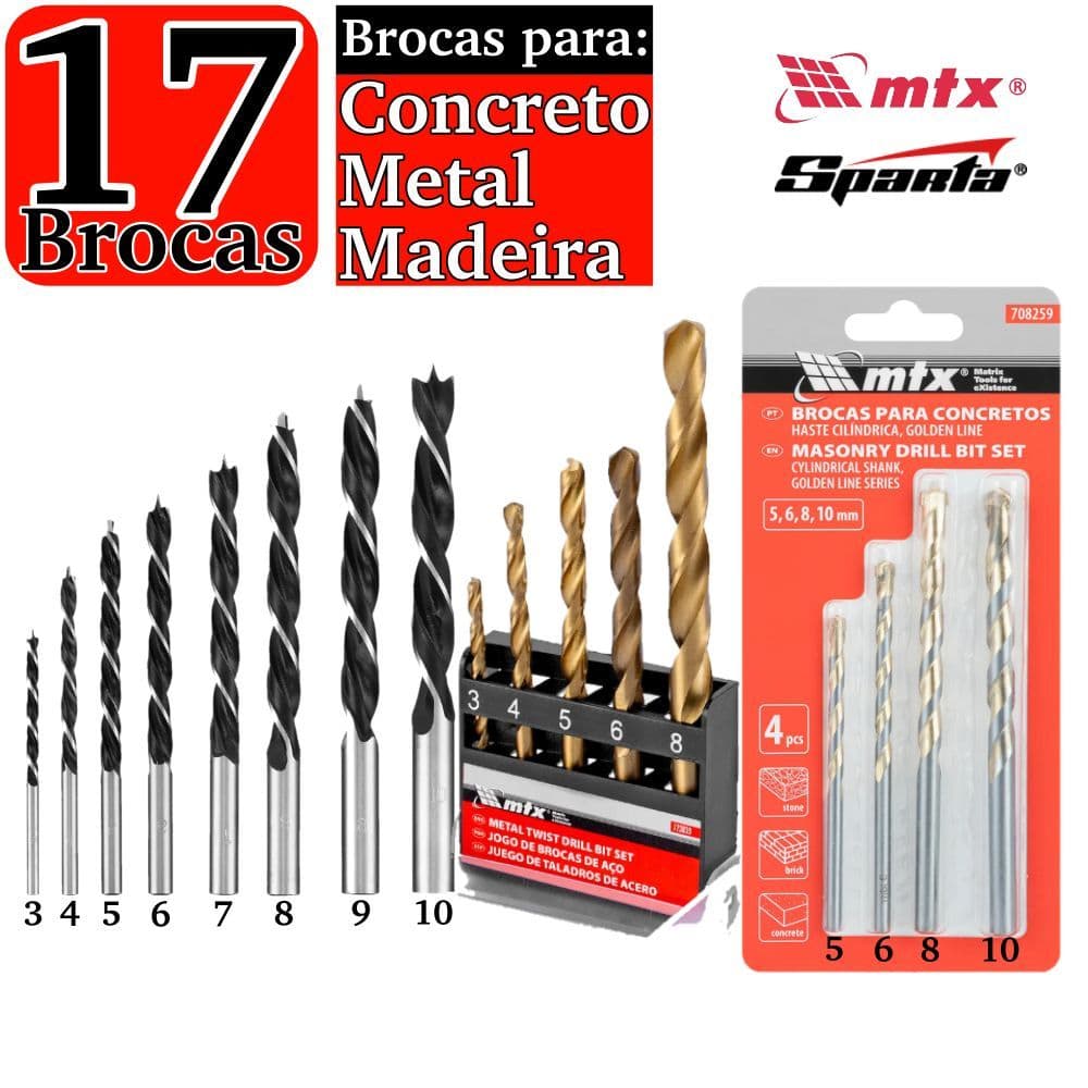 Kit Completo de 17 Brocas para Concreto, Metal e Madeira MTX/SPARTA
