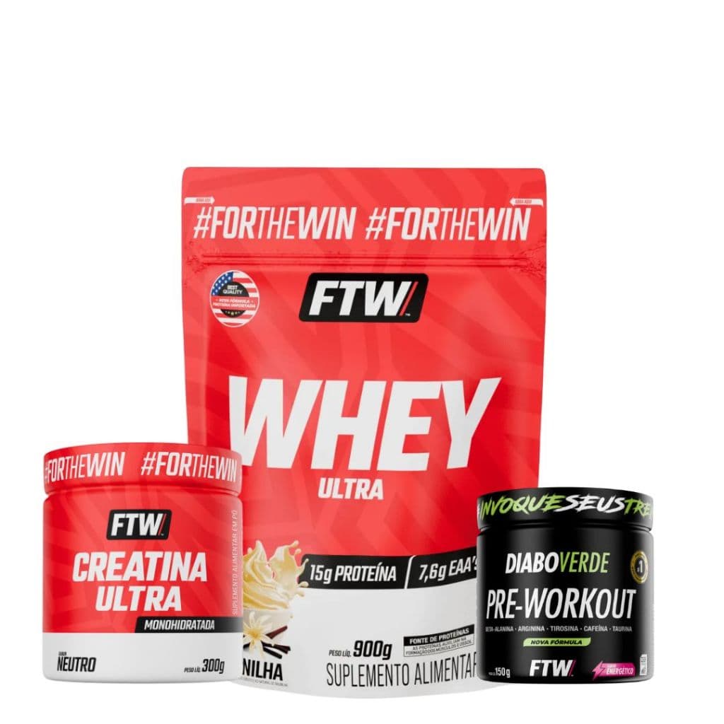 Kit Whey Ultra Baunilha 900gr Refil FTW + Creatina Ultra 300g + Pré Treino Sabor 150g Diabo Verde
