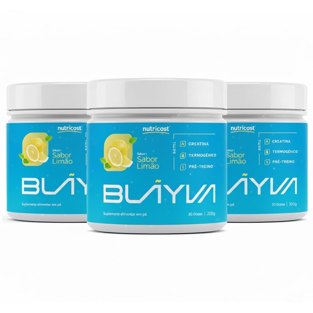3 Potes Blayva Nutricost®- Creatina - Pre Treino Em Pó 200g sabor limão - Promoção
