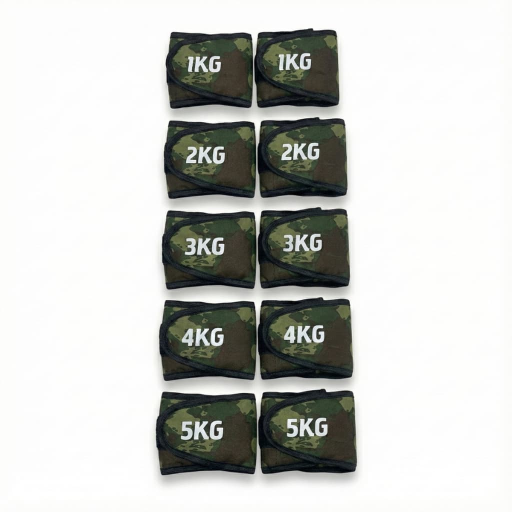 Kit Peso Caneleira Camuflada 1kg ao 5kg Para Treino de Pernas Fisioterapia Exercicios Musculação