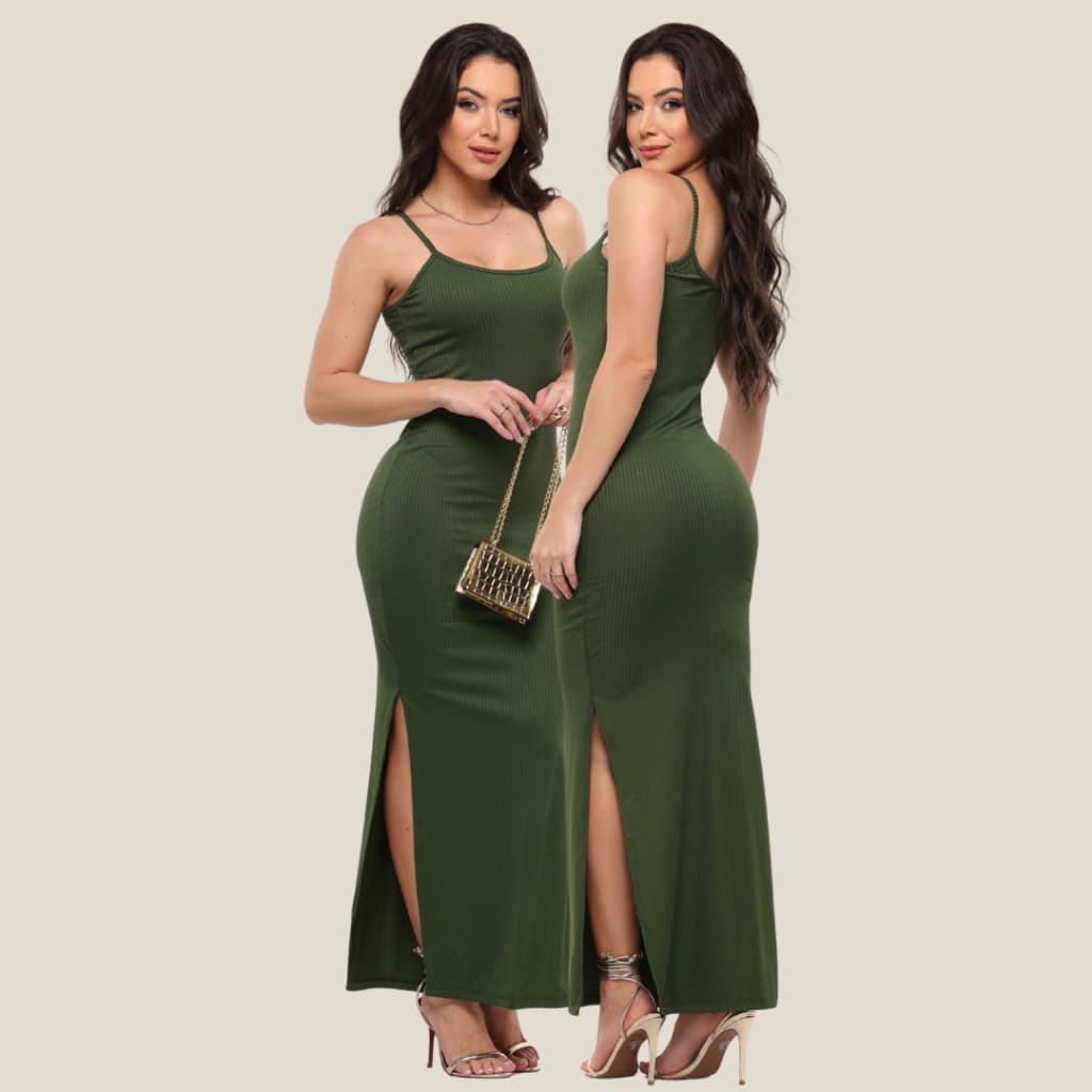 Vestido Canelado Longo com Fenda Lateral de Alcinha Varias Cores