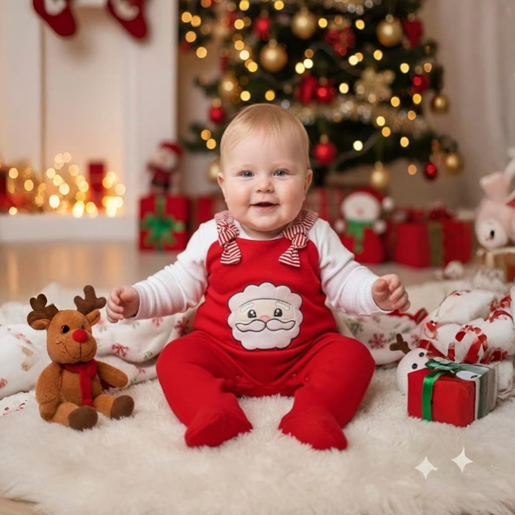 Roupa de Bebê Natal 2 Peças Menino Menina Jardineira/Macacão Bordado Papai Noel Malha 100% Algodão