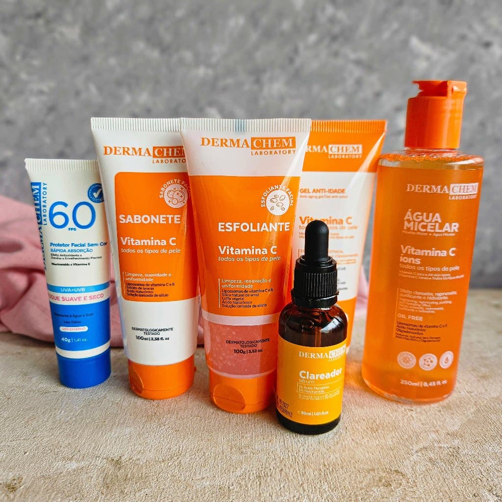 Kit 6 Itens Skincare Todos Tipos de Pele Dermachem - Vitamina C - Clareador, Anti-Idade e Renovação
