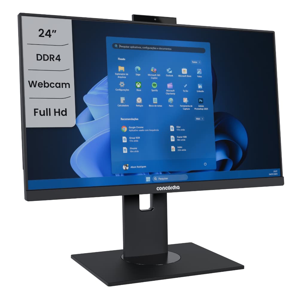 Computador All In One Concórdia Core i3 12100 8GB DDR4 SSD 240GB 23.8'' Full HD Webcam WiFi FreeDos
