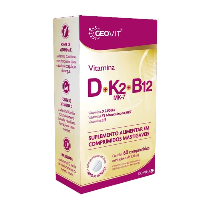 Vitamina D + K2 Mk7 + B12 Geovit Sabor Morango | 60 Comprimidos Mastigáveis