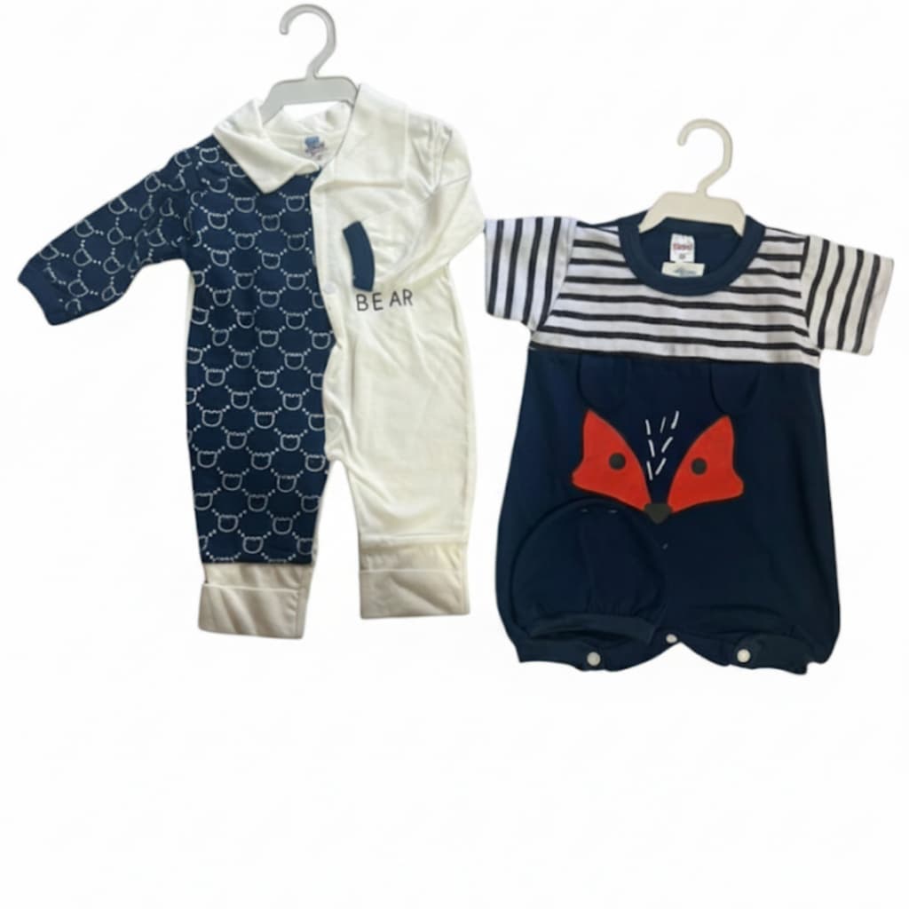 KIT Macacão Algodão Bebê Menino Estampado 2 Peças com Touquinha Confortável Macio Manga Longa Para Enxoval Completo