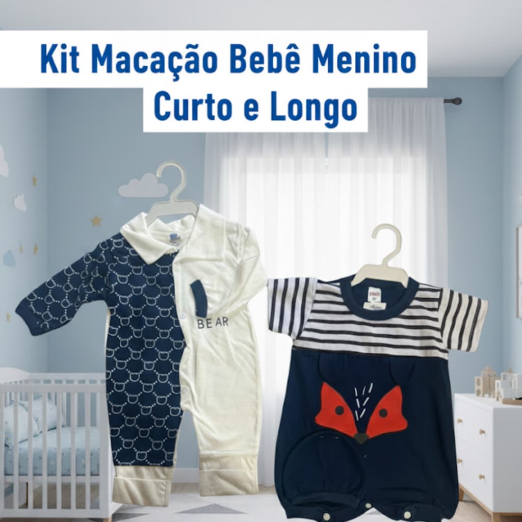KIT 2 Macacão longo e curto Bebê Menino Algodão Estampado com Touquinha Confortável Manga Longa Para Enxoval RN Variadas