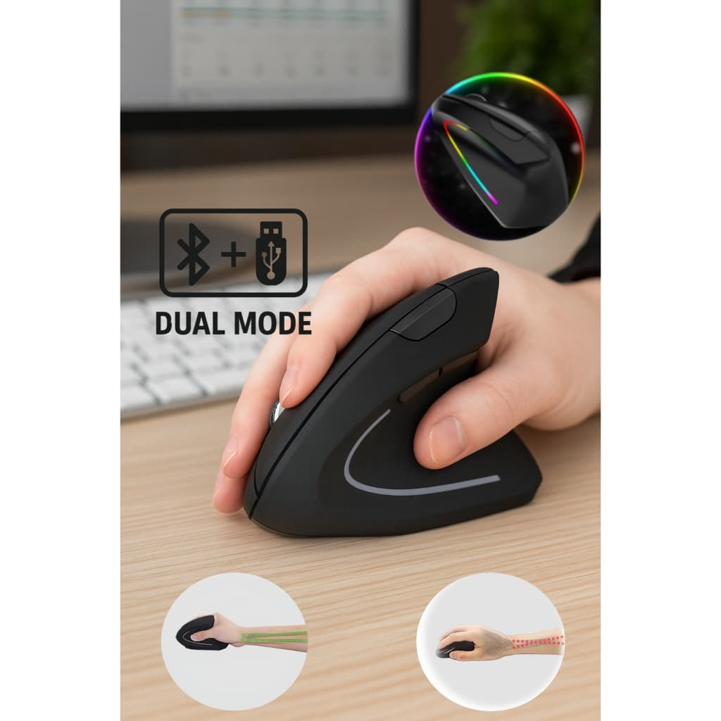 Mouse Vertical Ergonômico Sem Fio Recarregável com Conexão 2.4G e Bluetooth Duplo Modo