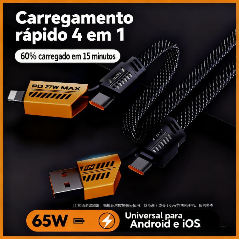 Multi-Portas Cabo 4 em 1 - 65W Rápido,Tipo C e USB para Android e Dispositivos Portáteis