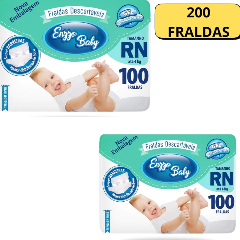 Kit 2 Pacotes  Fralda Descartável Infantil  Enzzo Baby 200 Fraldas Total Recém Nascido