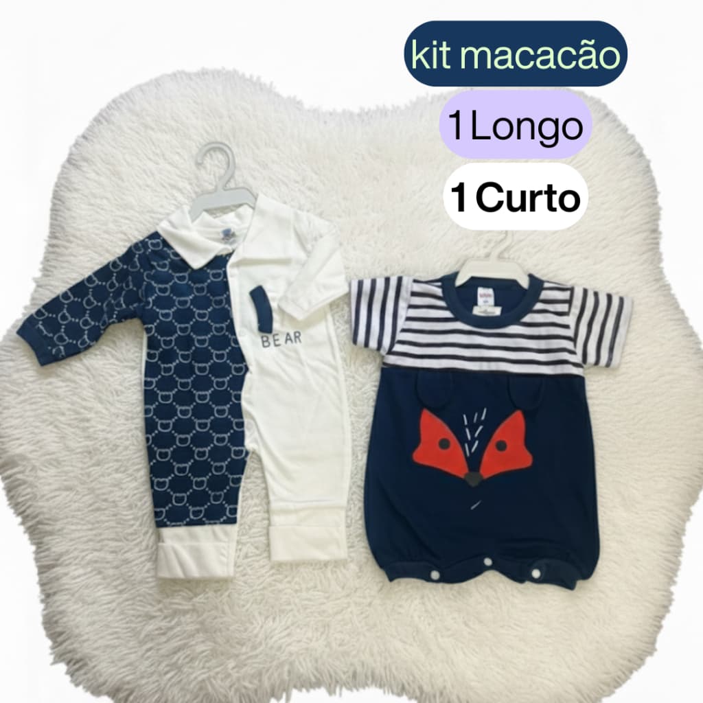 KIT 2 Macacão Algodão Bebê Menino  Estampado com Touquinha Confortável Manga Longa Vira Pé Cores Sortidas Para Enxoval