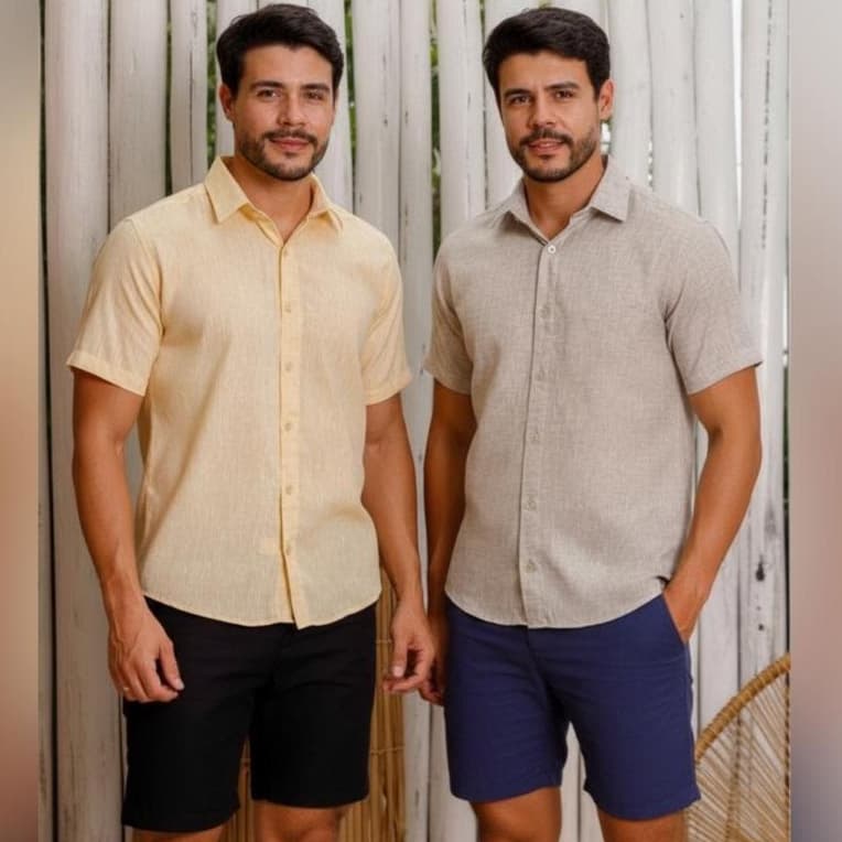Camisa Masculina Social manga curta slim conforte no algodão linho misto