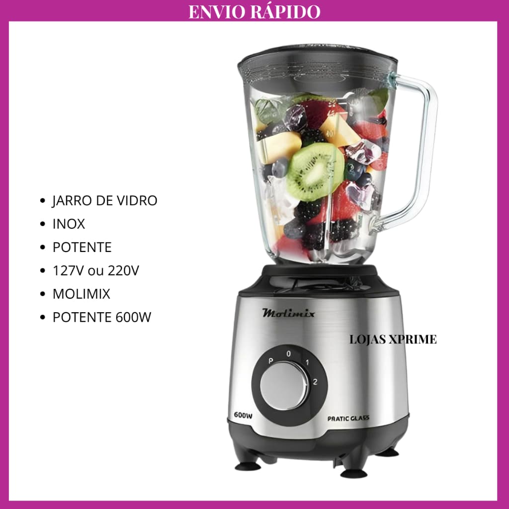 Liquidificador Jarra de Vidro Molimix Pratic Inox Potente 600W