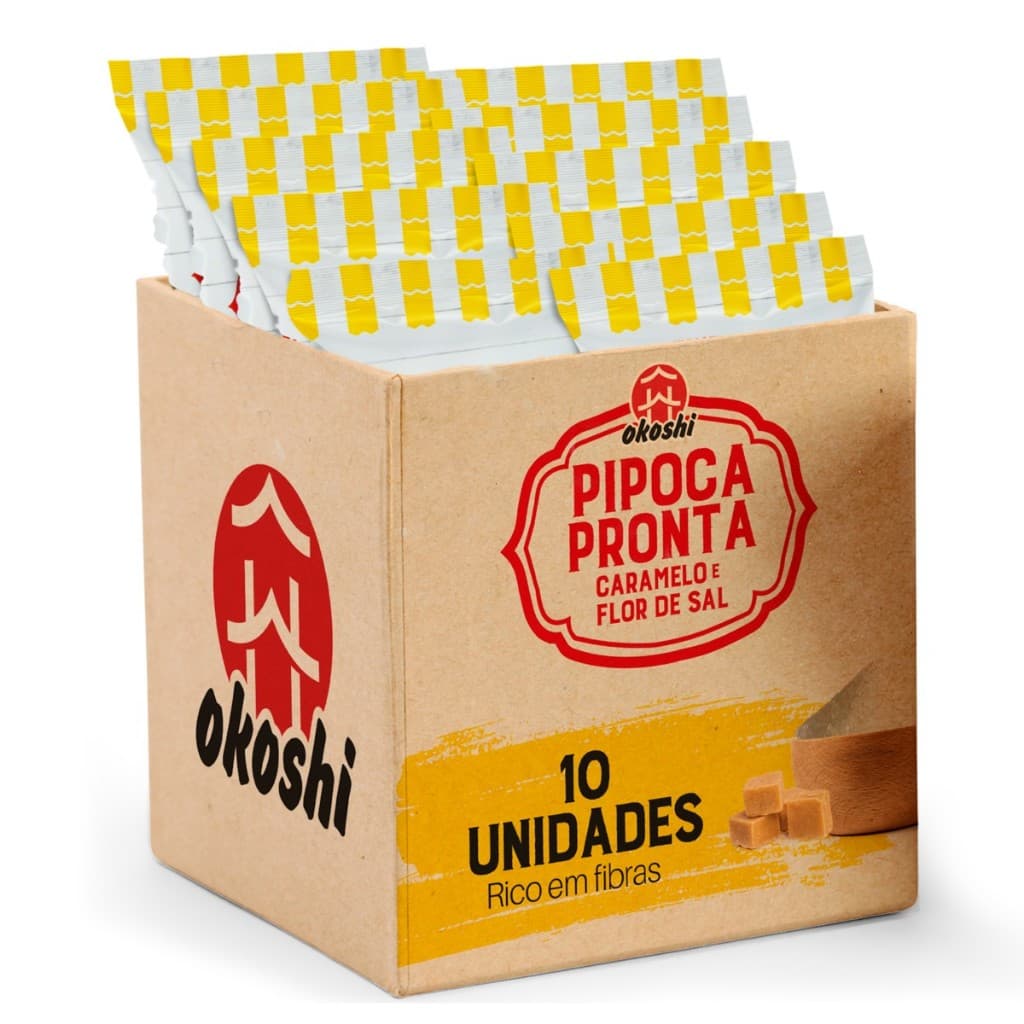 OKOSHI Kit 10 Unidades Pipoca Pronta de Caramelo e Flor de Sal - Lanche Fit Saudável - Sem Glúten, Vegano - 50g