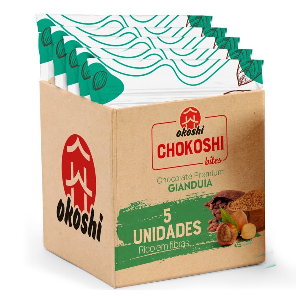 OKOSHI Kit 5 Chokoshi Bites Gianduia - Flocos de Arroz Cobertos com Chocolate e Gianduia - Lanche Fit Saudável - 75g