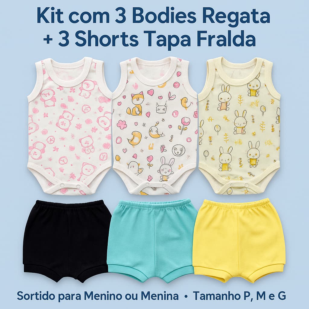 KIT BODY REGATA + SHORT BEBÊ TAPA FRALDA LISO - 3 SHORTS BEBÊ MENINO OU MENINA + 3 BODY REGATA BEBÊ
