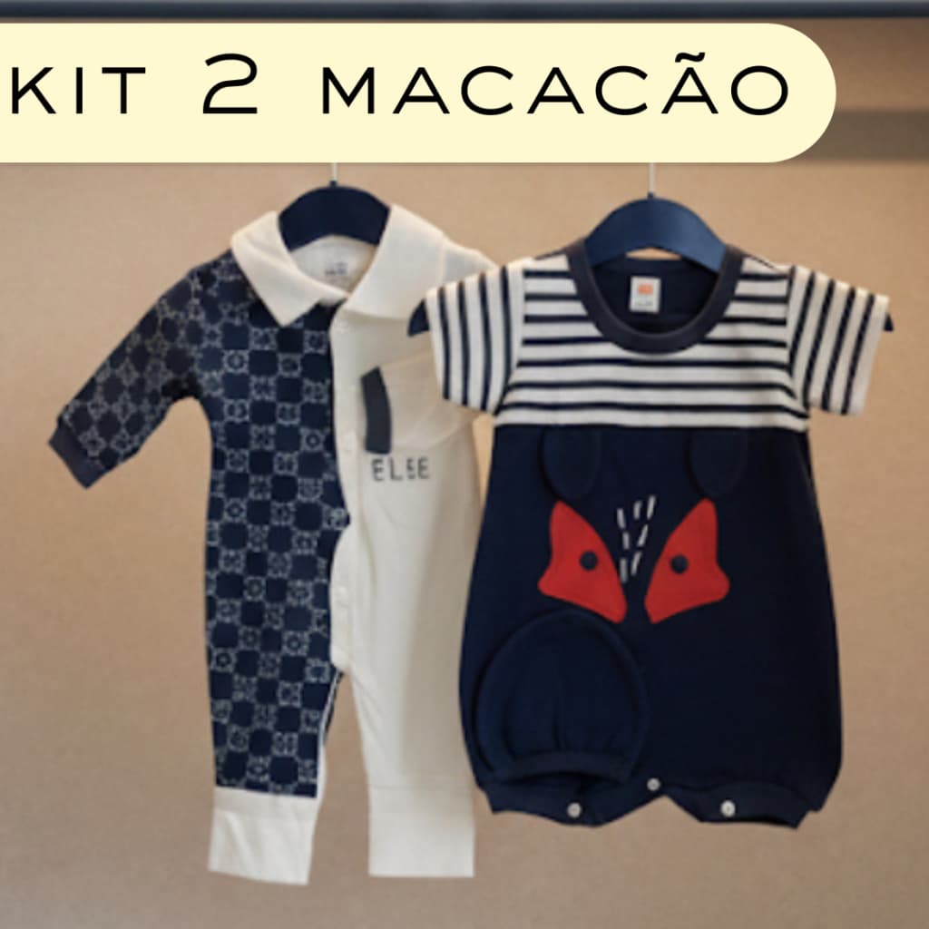 KIT 2 Macacão Bebê Menino Algodão Estampado com Touquinha Confortável Vira Pé Ideal Para Enxoval Linha Básica