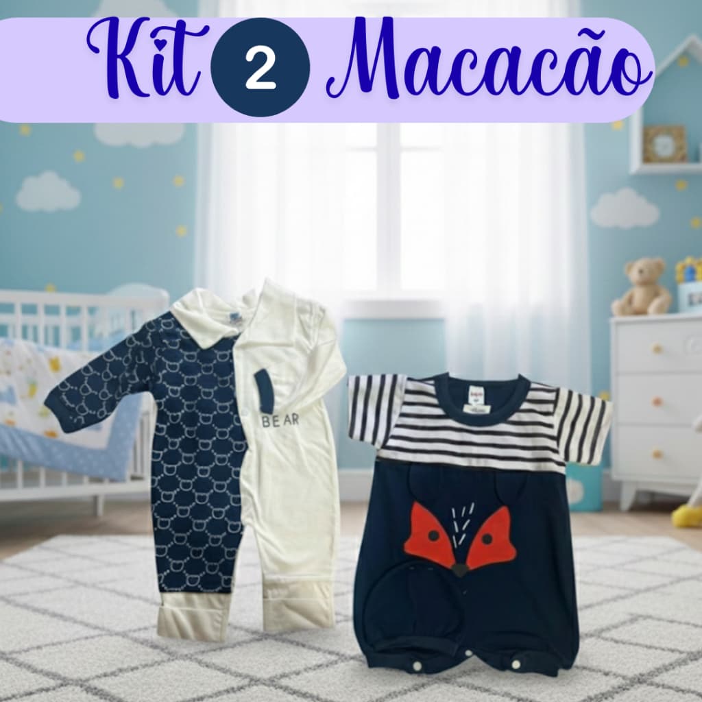 KIT 2 Peças Macacão Bebê Menino Algodão Estampado com Touquinha Confortáveis Para Enxoval Infantil Tecido Macio