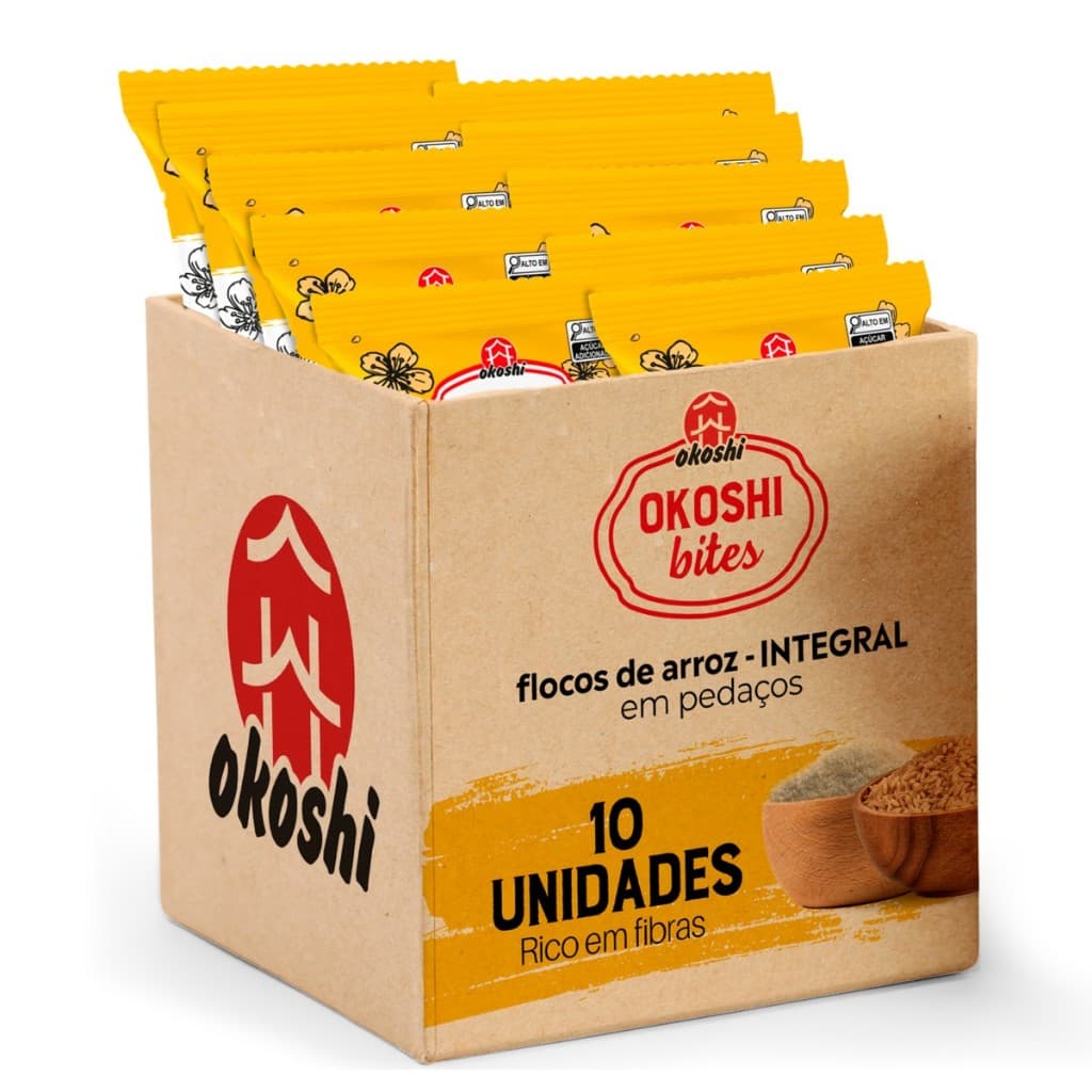 OKOSHI Kit 10 Okoshi Bites Integral - Flocos de Arroz Caramelizados em Pedaços - Lanche Fit Saudável - Sem Glúten - 60g