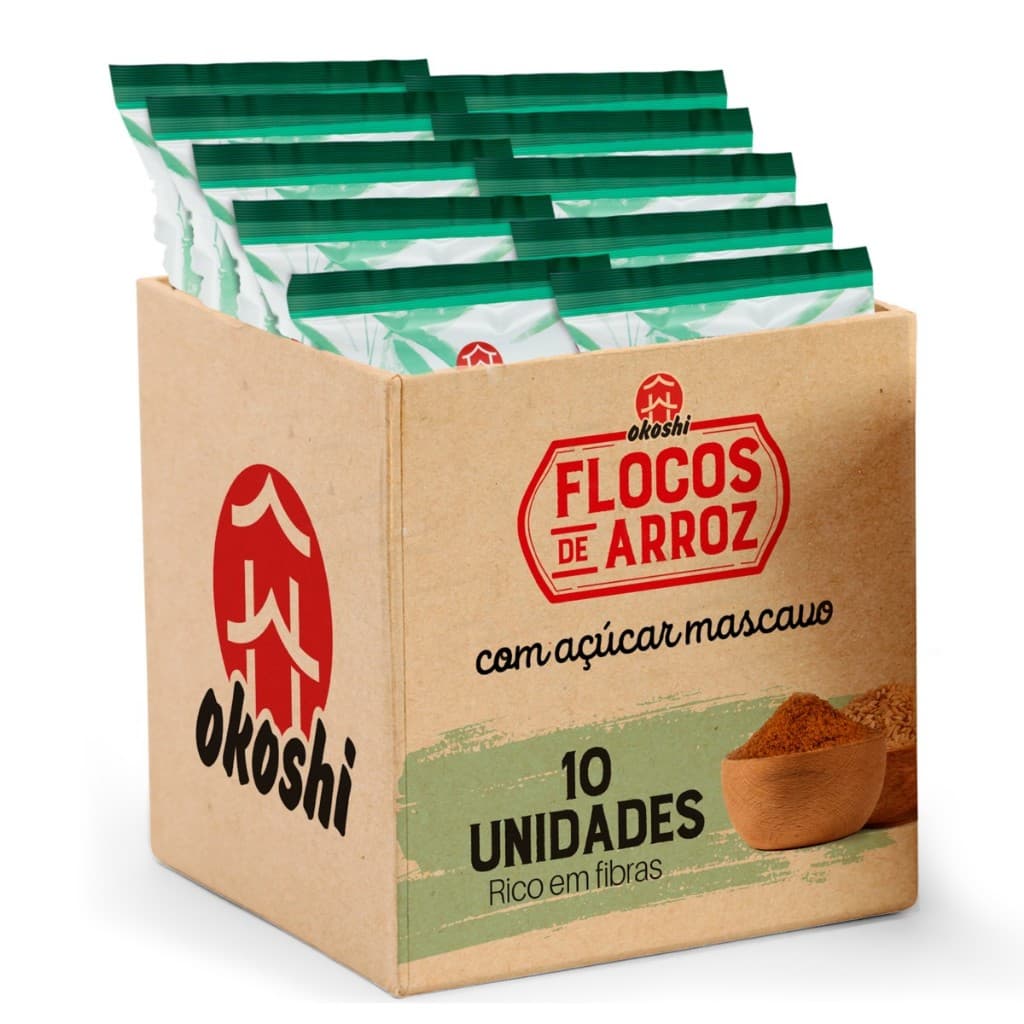 OKOSHI Kit 10 Flocos de Arroz com Açúcar Mascavo - Lanche Fit Saudável - Sem Glúten, Vegano - 50g