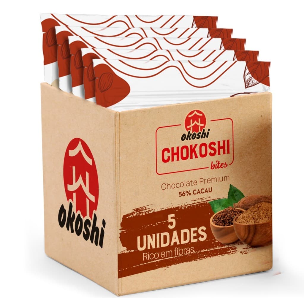 OKOSHI Kit 5 Chokoshi Bites 56% Cacau - Flocos de Arroz Cobertos com Chocolate - Lanche Fit Saudável - 75g
