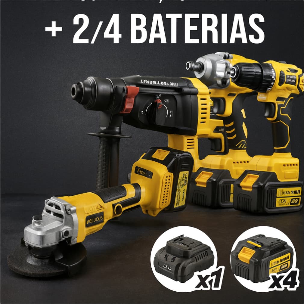 Kit Profissional 4 em 1 48V: Furadeira, Chave de Impacto, Esmerilhadeira, Parafusadeira + 2/4 Baterias