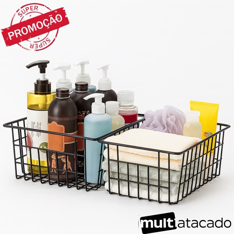 Cesto Organizador de FERRO  com Alça de resistente – Preto ou Branco, Tamanho G Cozinha Banheiro sala