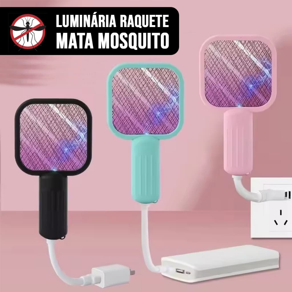 Mini Raquete Elétrica Luminária Mata Mosquitos Insetos com Luz Led Recarregável USB