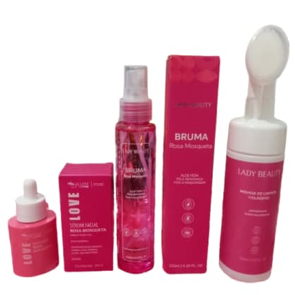 Kit Completo Skincare Rosa Mosqueta – Sérum + Bruma + Mousse de Limpeza – Glow e Anti-Idade