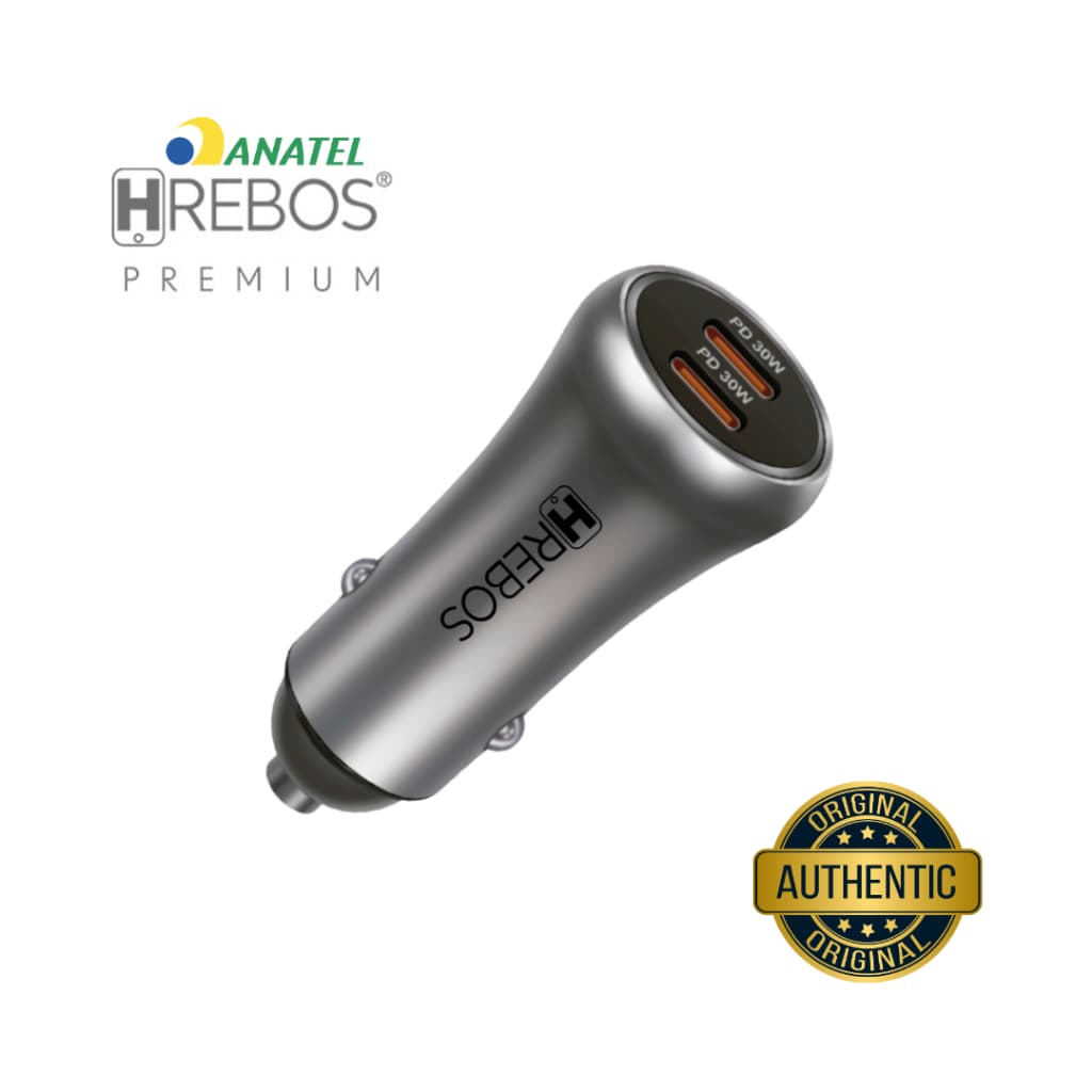 Carregador Veicular Hrebos CRV-202C 60W Turbo PD com Duas Entradas USB-C + Cabo Tipo-C 1m