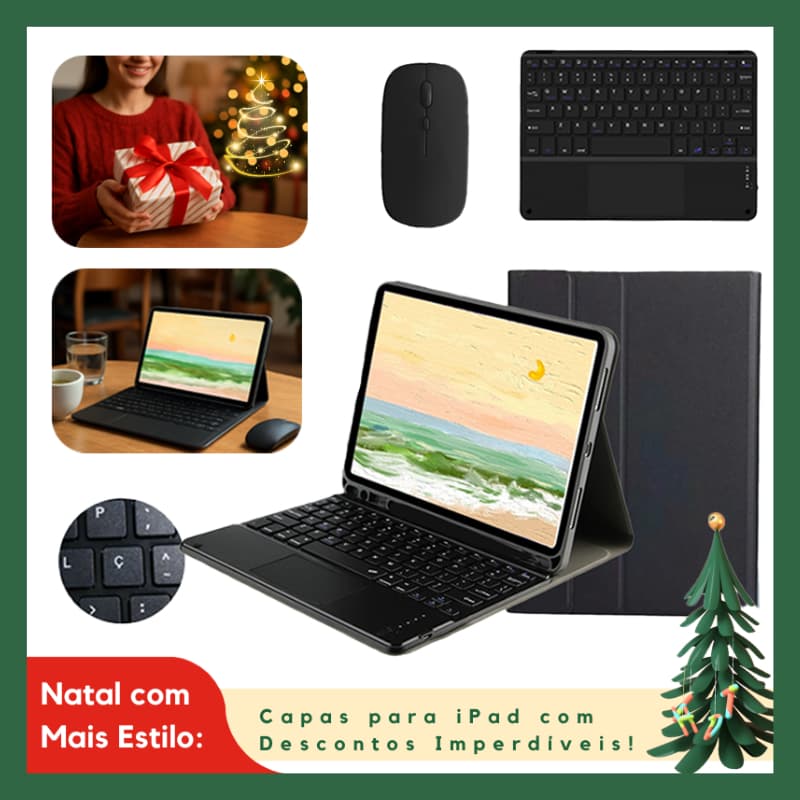 Capa Com Teclado touchpad ABNT2 + Mouse Sem Fio para iPad 11ª(A16)/10ª Geração (10.9") E Porta Caneta+Ç