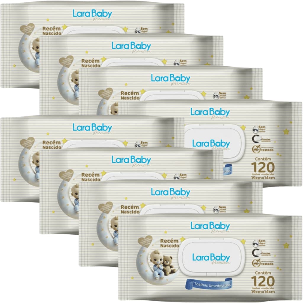 Kit C/8 Lenço Umedecido Lara Baby Premium Recém Nascido RN 120 Unidades Total 960