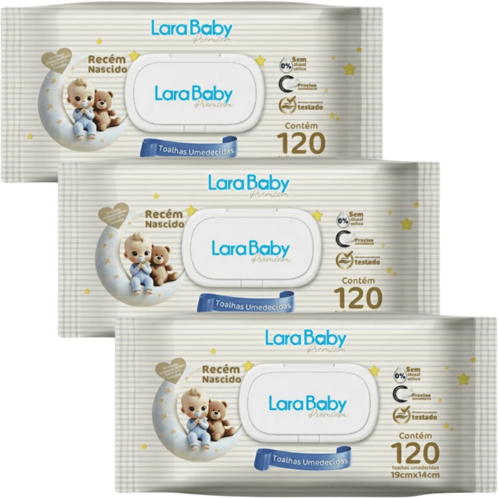 Kit C/3 Toalha Umedecida Lara Baby Premium Recém Nascido RN 120 Unidades total 360