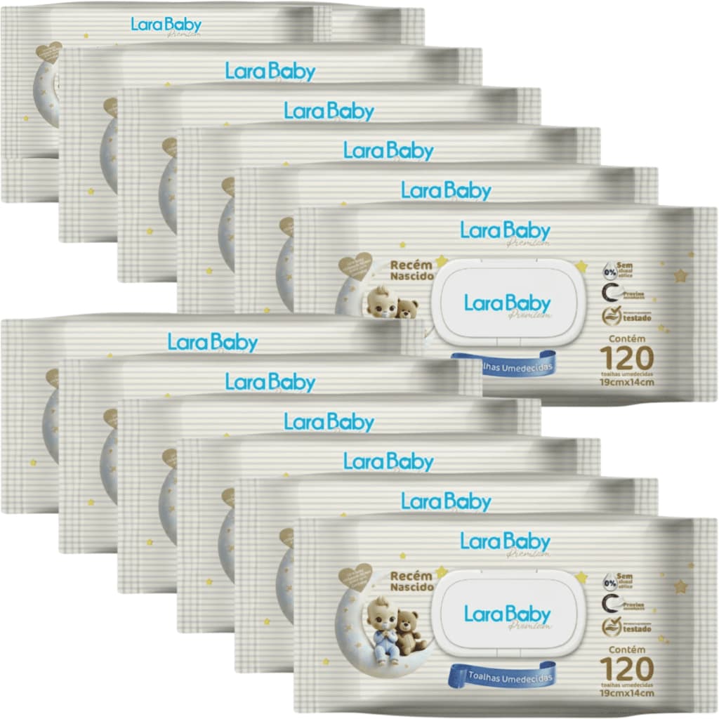 Kit C/12 Lenço Umedecido Lara Baby Premium Recém Nascido RN 120 Unidades Total 1440