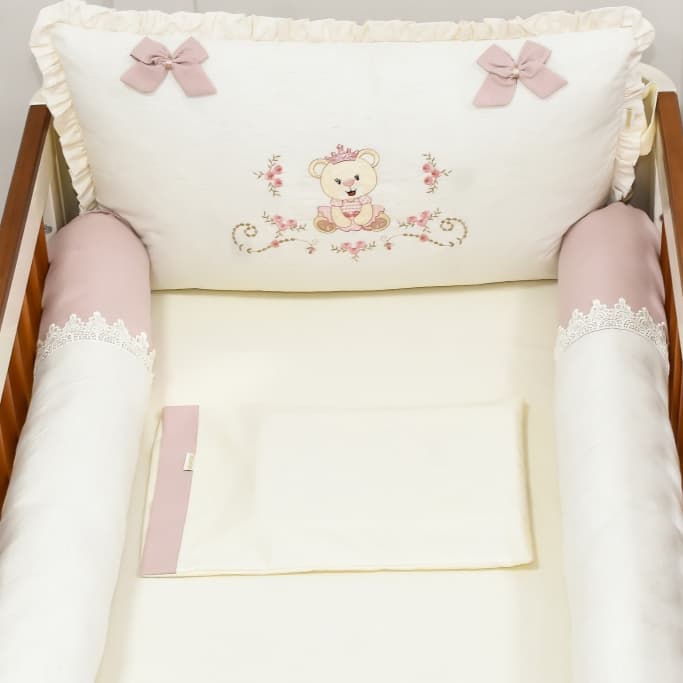 Kit Berço Americano Ursinha Princesa Menina Luxo Linho 100% Algodão Protetor Berço Enxoval de Bebê