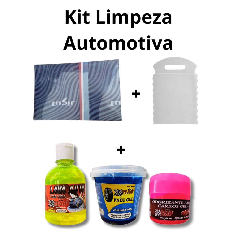 Kit Carro Limpeza Automotiva Lava Auto +  Pretinho + Odorizador Cheirinho + 50 Tapete de Papel + 10 Lixinho para Carro