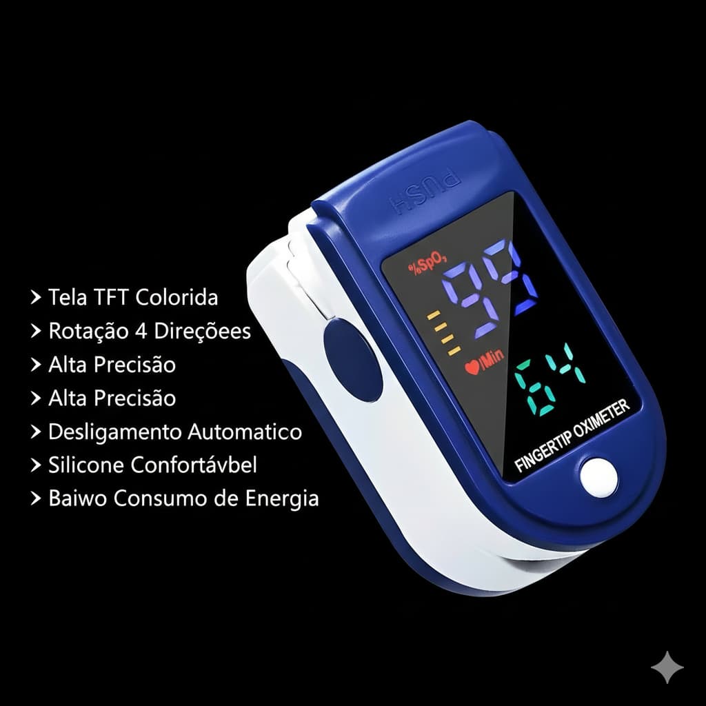 Oxímetro de Dedo Digital com Tela TFT Colorida, Rotação 4 Direções, Desligamento Automático e Alta Precisão – Portátil