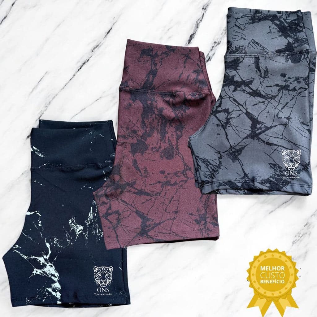 Kit 3 Shorts  Bermuda Fitness Marmorizado Roupa Academia Cintura Alta Feminino Zero Transparencia