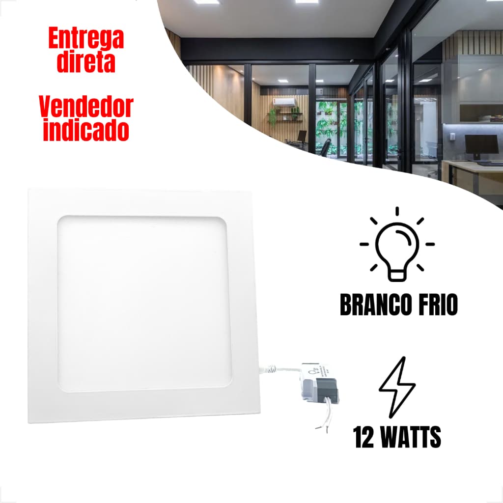 Kit 5 Painel Plafon Led 12W Quadrado Embutir Branco Frio 6500K Luminária Led Teto Bivolt Slim Driver
