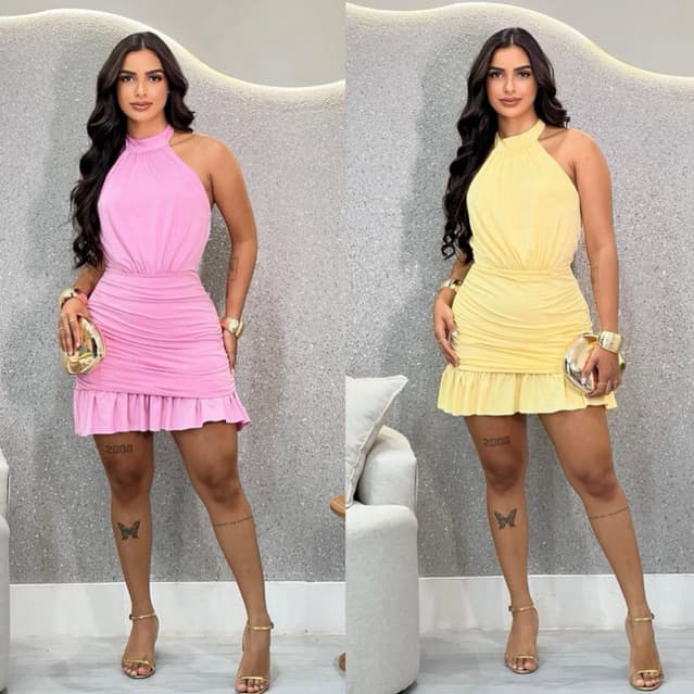 Vestido Feminino Suplex Curto Frente Única Gola Alta Amarração No Pescoço Drapeado Babado PoliamidaTendencia chic elegan