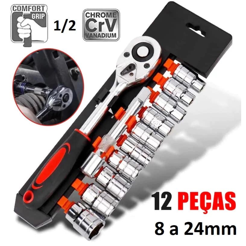 Conjunto Catraca Soquete Sextavado 1/2  Reversível 12 Peças 08 a 24mm Extensão Jogo Kit aço vanádio