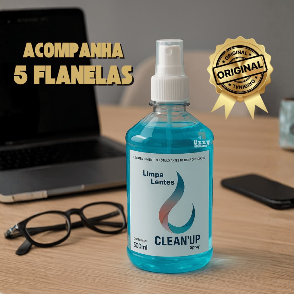 Limpa Lentes 500ml Para Óculos Celular Computador Tablet notebook + 5 Flanelas CleanUp