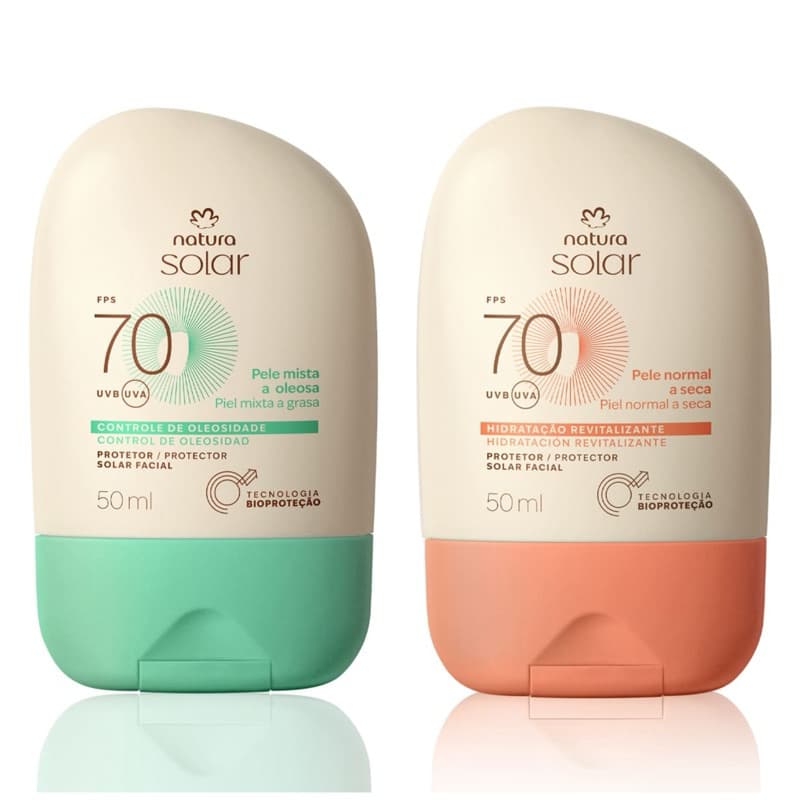 Protetor Solar Facial Pele Mista a Oleosa FPS 70 Natura OU Protetor Solar Facial Pele Normal a Seca FPS 70 Natura