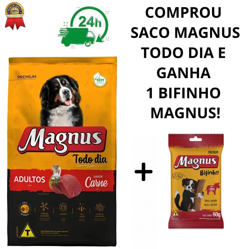 Ração Magnus Todo Dia 15kg – Adultos Sabor Carne | Ganhe 1 Bifinho Magnus 60g de Brinde